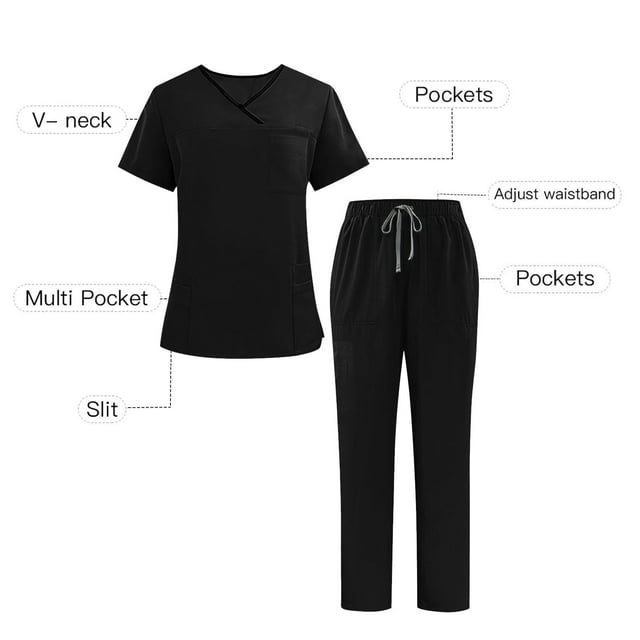 Medical Uniforms, V-Neck Pocket Duty Shirt with Elastic Drawstring Waist Pants, Healthcare Work Scrubs Set