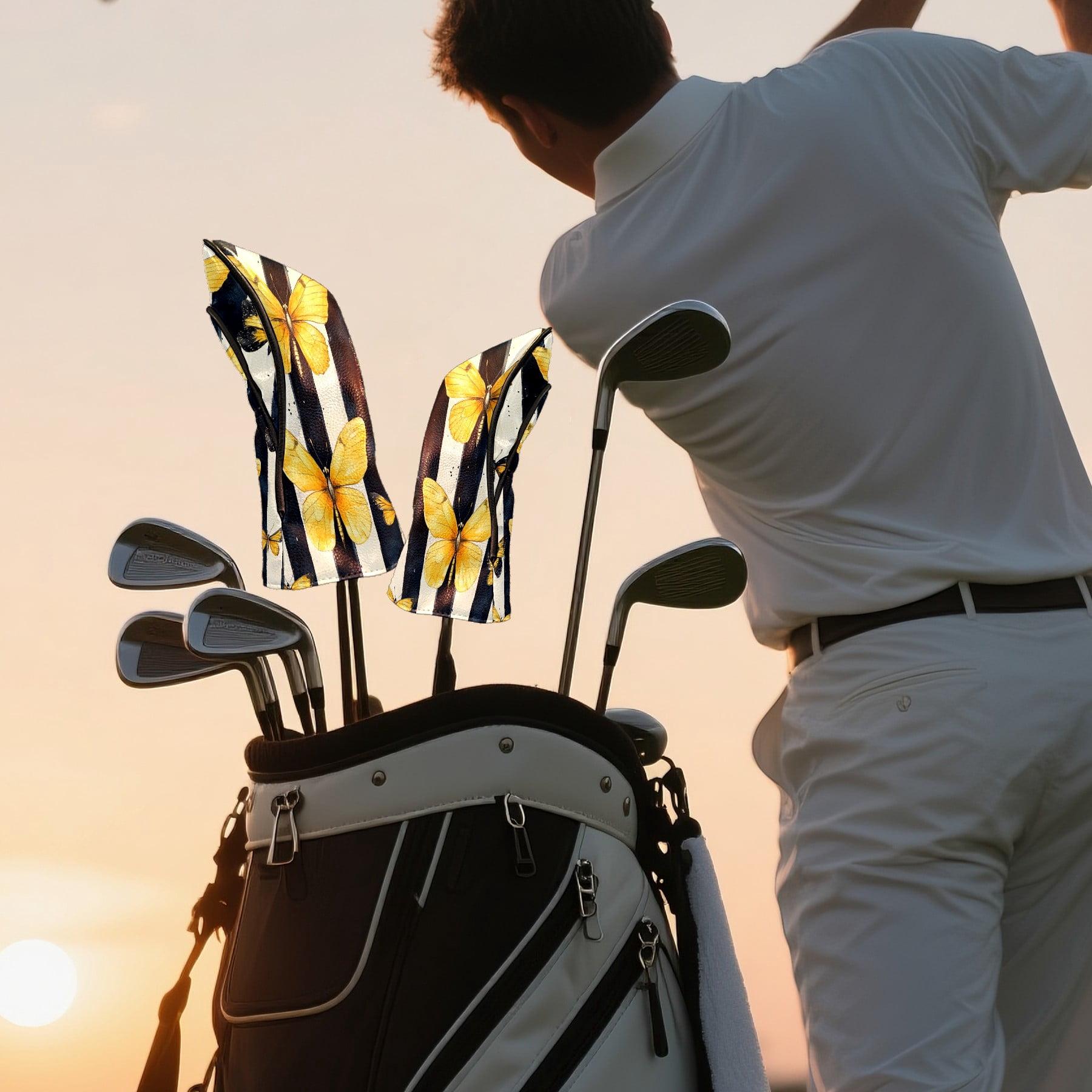 Golf Club Covers PU Leather Waterproof Head Covers for Fairway Woods Hybrids Yellow Butterfly Unisex Fits Most Brands
