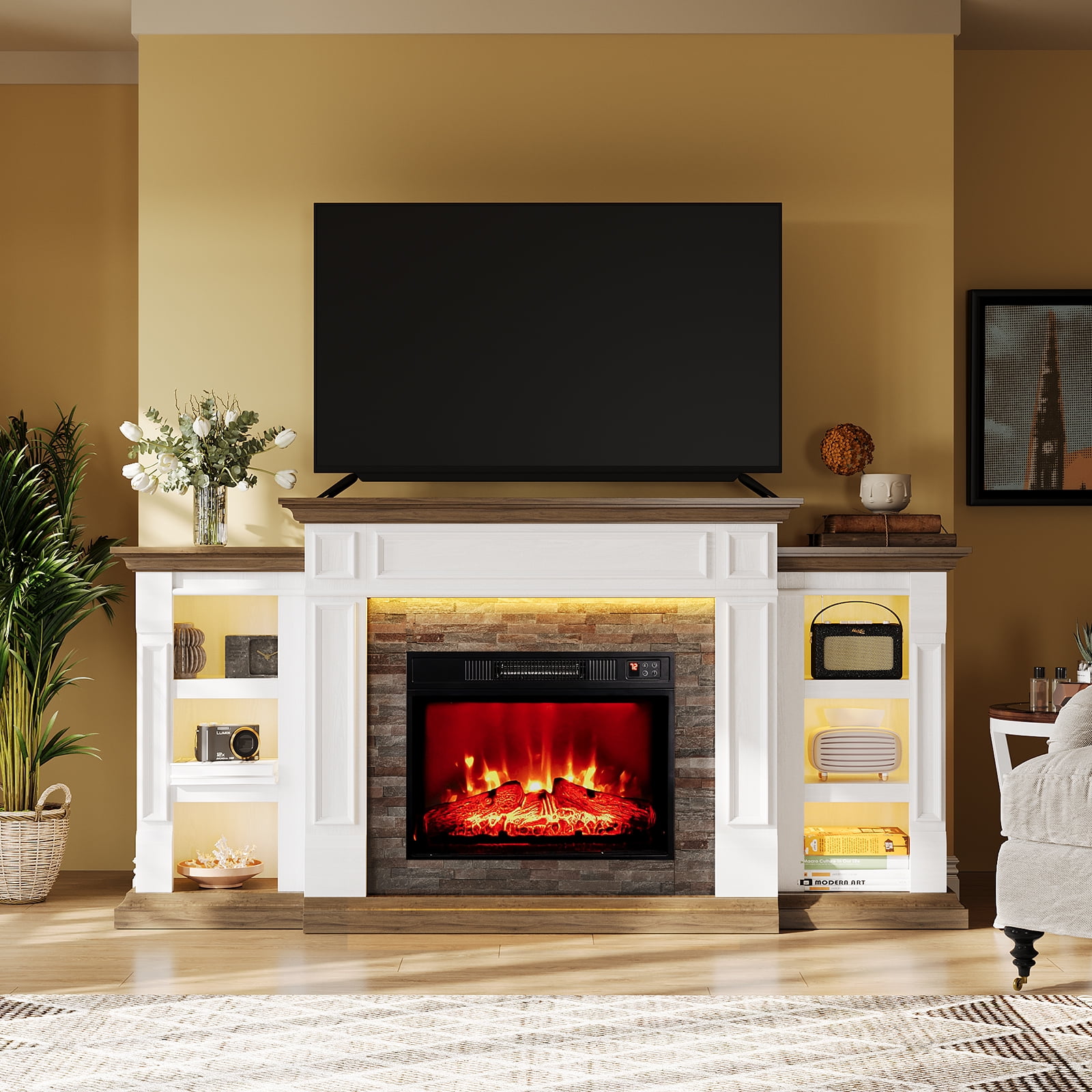 LGHM 71" Electric Fireplace TV Stand with Mantel, Farmhouse Entertainment Center for TVs up to 80" with  LED Light, White & Brown