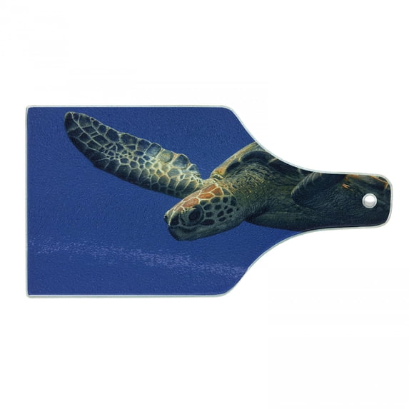 Turtle Cutting Board, Close up Photo of Green Turtle at Sipadan Borneo Malaysia Animal Under the Sea, Decorative Tempered Glass Cutting and Serving Board, Wine Bottle Shape, Blue Yellow, by Ambesonne
