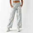 thumbnail image 4 of Pxiakgy Womens Shiny Metallic High Waist Stretchy Jogger Pants Holographic Hip Hop Club Wear Streetwear Women's Metallic Shiny Trousers Elastic Waistband Loose Casual Long Trousers Plain Look White S, 4 of 6