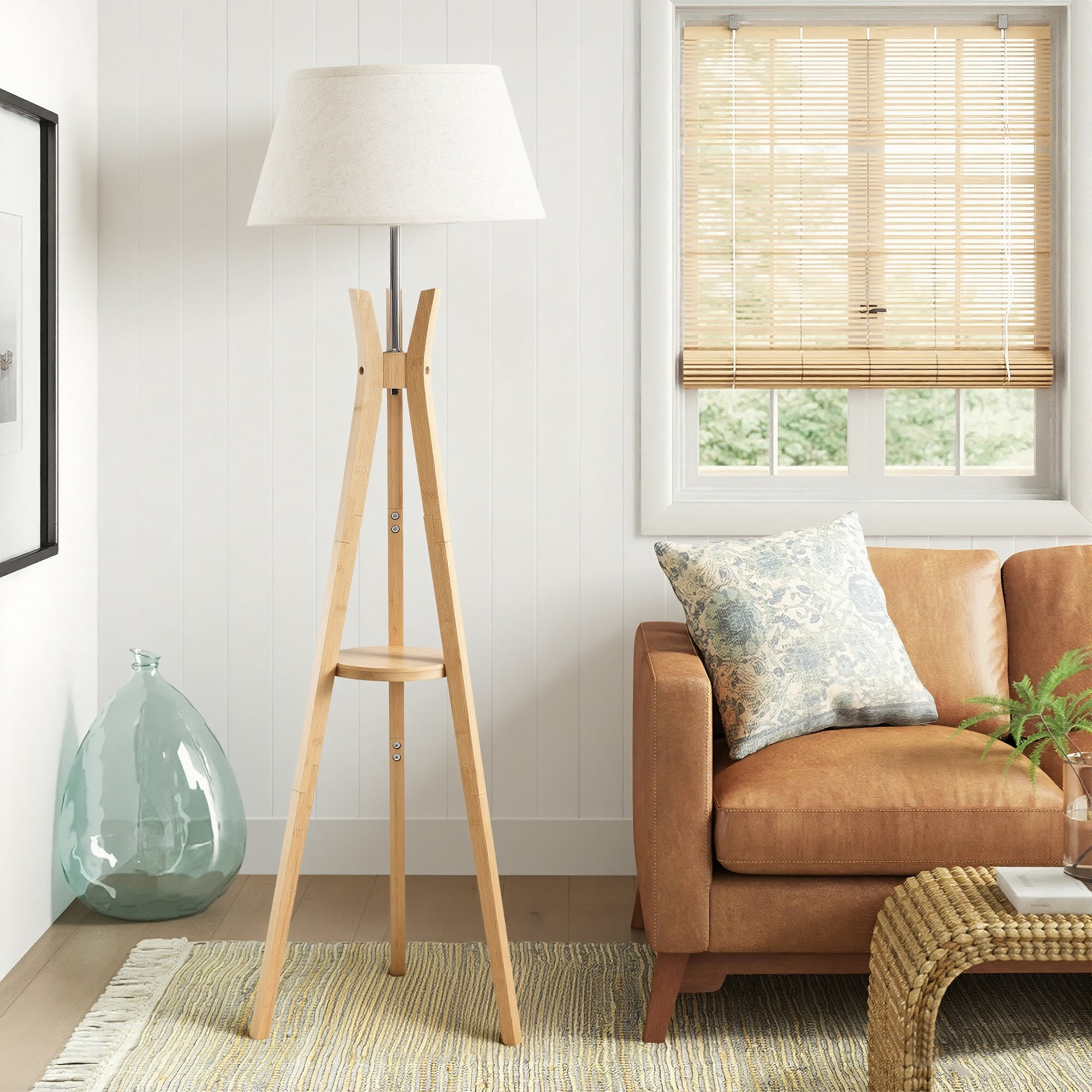 Bamboo Tripod Floor Lamp with Shelves,Mid Century Standing Lamp,Modern Design Studying Light for Living Room,Bedroom,Study Room and Office,Beige Linen Lamp Shade with E26 Base,Natural
