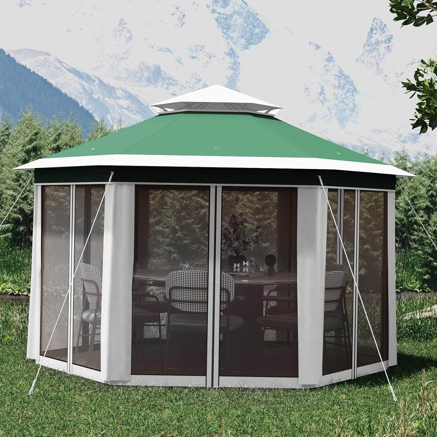 13x13 Ft Pop Up Gazebo Hexagonal Outdoor Canopy Tent with Mosquito Netting Dual Vent Roof Awning Waterproof, UV Resistant Height Adjustable for Backyard, Patio, Deck, Lawn Parties