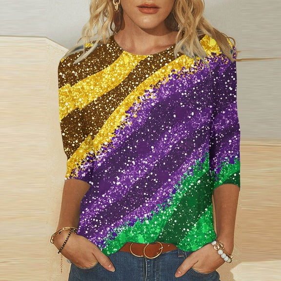 SOOMLON Mardi Gras Shirts for Women Carnival Tops Tuesday Party 3/4 Sleeve Shirts Funny Color Block Print Outfits Plus Size Crew Neck Tshirts New Orleans Festival Tees 2025 Multicolor XL