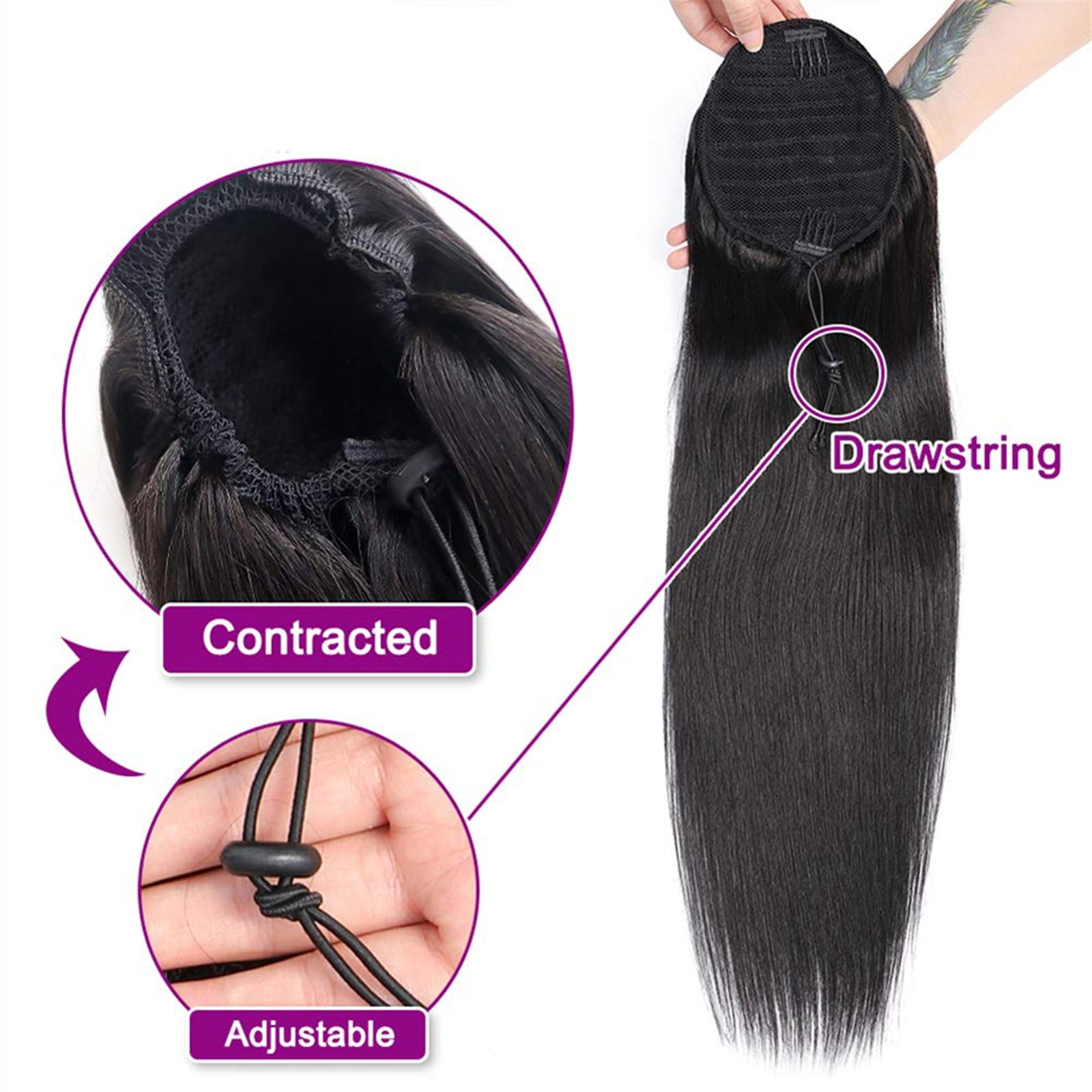 8-30" Straight Brazilian Drawstring Ponytail Hairpieces for Women Drawstring Ponytail Human Hair Extensions Unprocessed Natural Color Human Hair