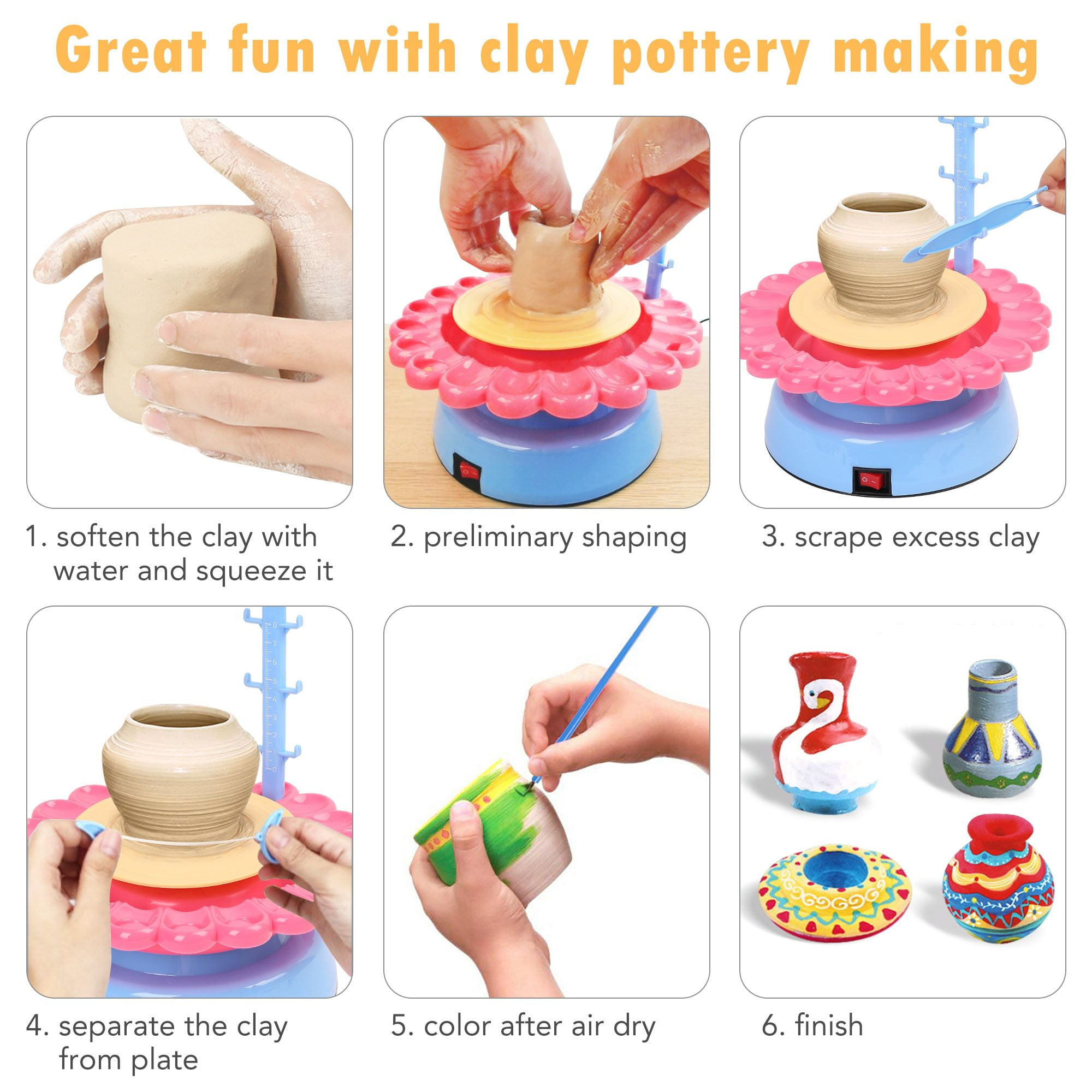 Skirfy Pottery Wheel for Kids-Clay Sculpting Tools & Painting Kit,Girls  Toys 8-10,DIY Kits Clay Maker for Beginners with 6 Packs Modeling  Clays,Toys