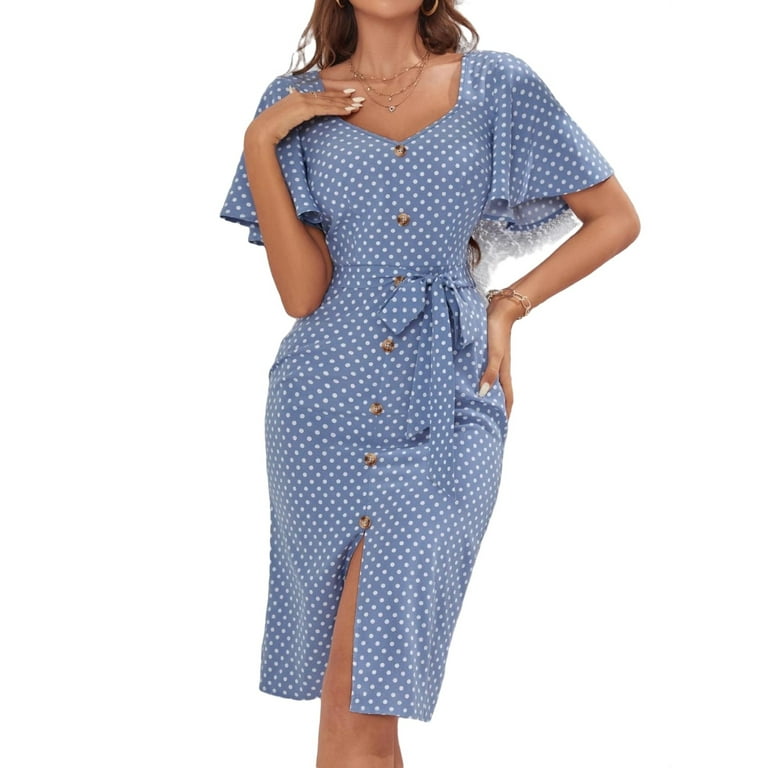 Casual Polka Dot Sweetheart Neck Fitted Dusty Blue Women s