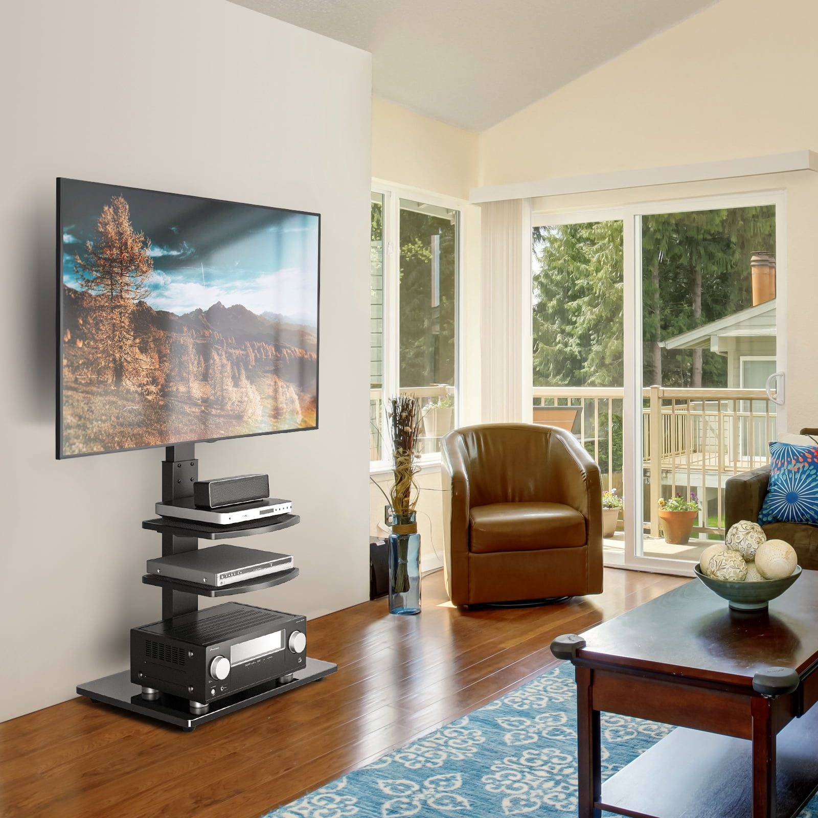 RTVR Modern Floor TV Stand with Mount for 32-70 inch Flat Screens, Black Swivel TV Stand with 2 Adjustable Shelves
