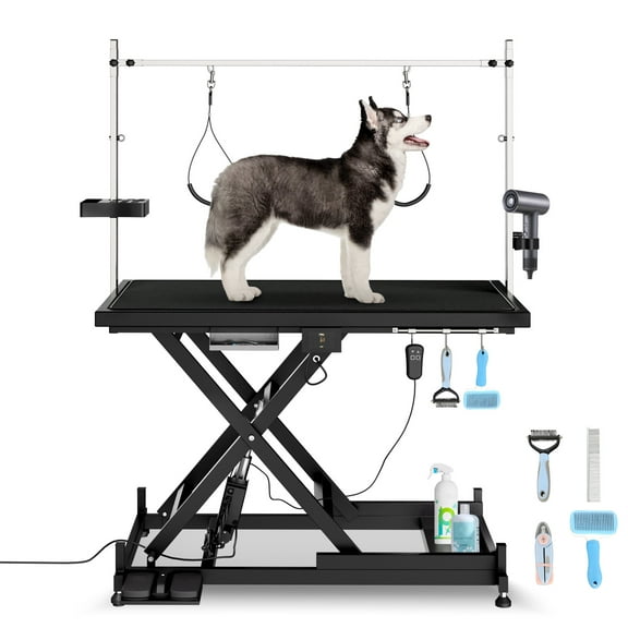 Professional Electric Grooming Table, Height Adjustable Lift Dog Table with Anti-Slip Tabletop, Grooming Arm and Tool Organizer, Capacity 330 LBS, Black