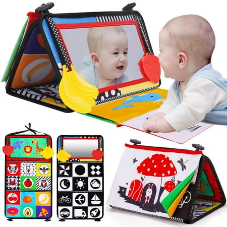 toosivia Tummy Time Baby Mirror Toy, Black and White High Contrast Baby Newborn Toys 3 6 12 Months, Montessori Crinkle Cloth Book Sensory Activity Development Gift for 0-6 Months Infant Boys Girls