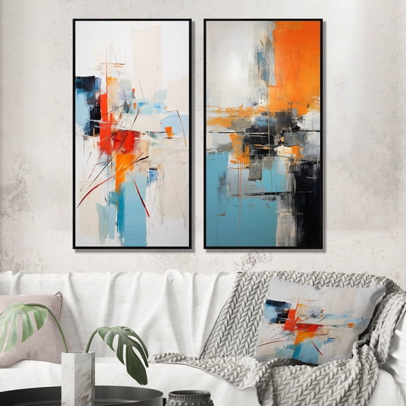 Designart "Fleeting Silence Minimal Abstract" Abstract Painting Framed Wall Art Set Of 2 - Modern Blue Gallery Wall Frame Set For Home Decor