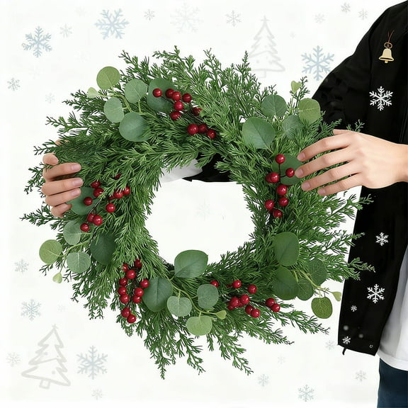 Artificial Pine Wreath with Red Berries | 20-Inch Green Cedar Garland for Fireplace & Door Decor | Realistic Faux Holiday Table Centerpiece Ring