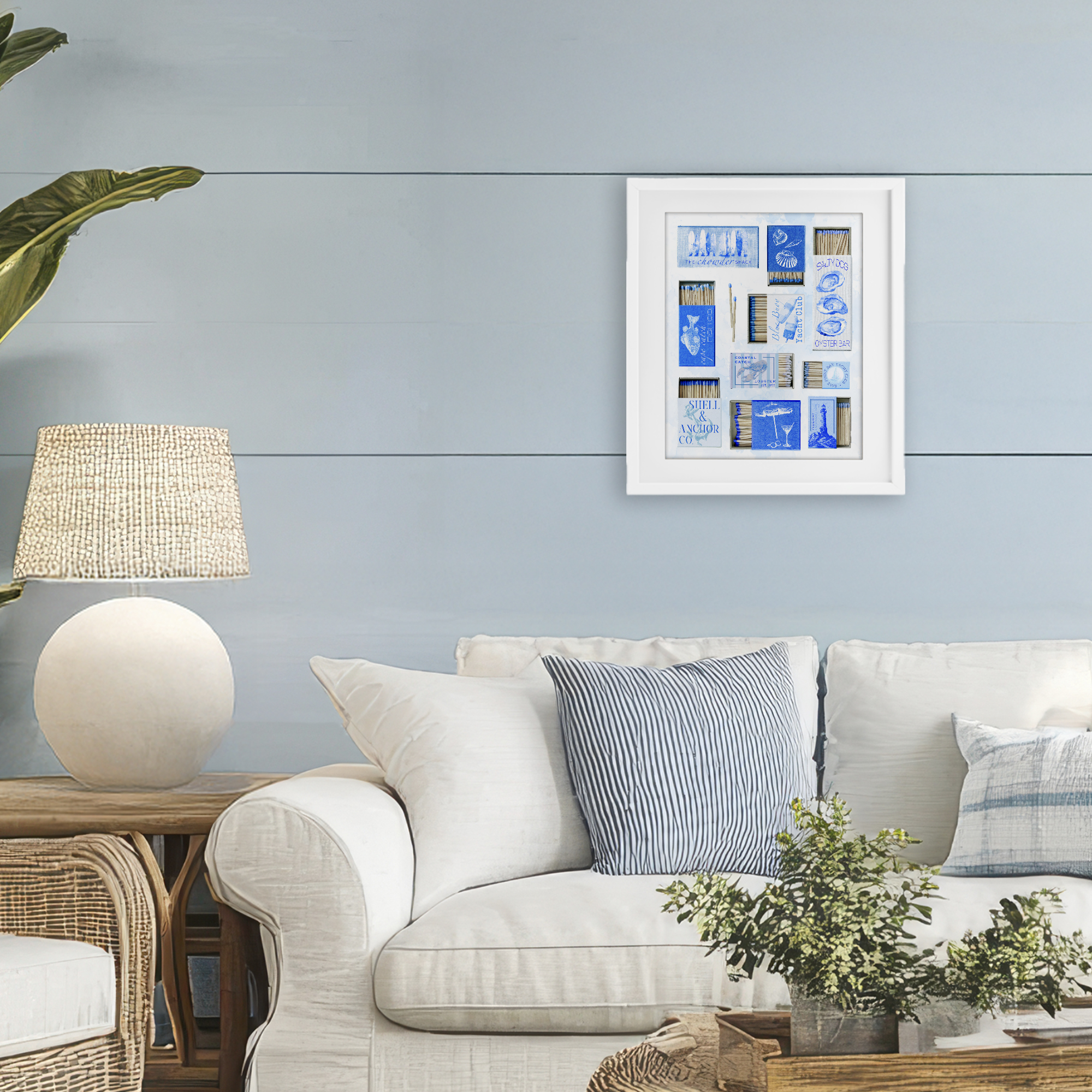 Blue Coastal Matchboxes White Framed Print Under Glass, design by Ziwei Li