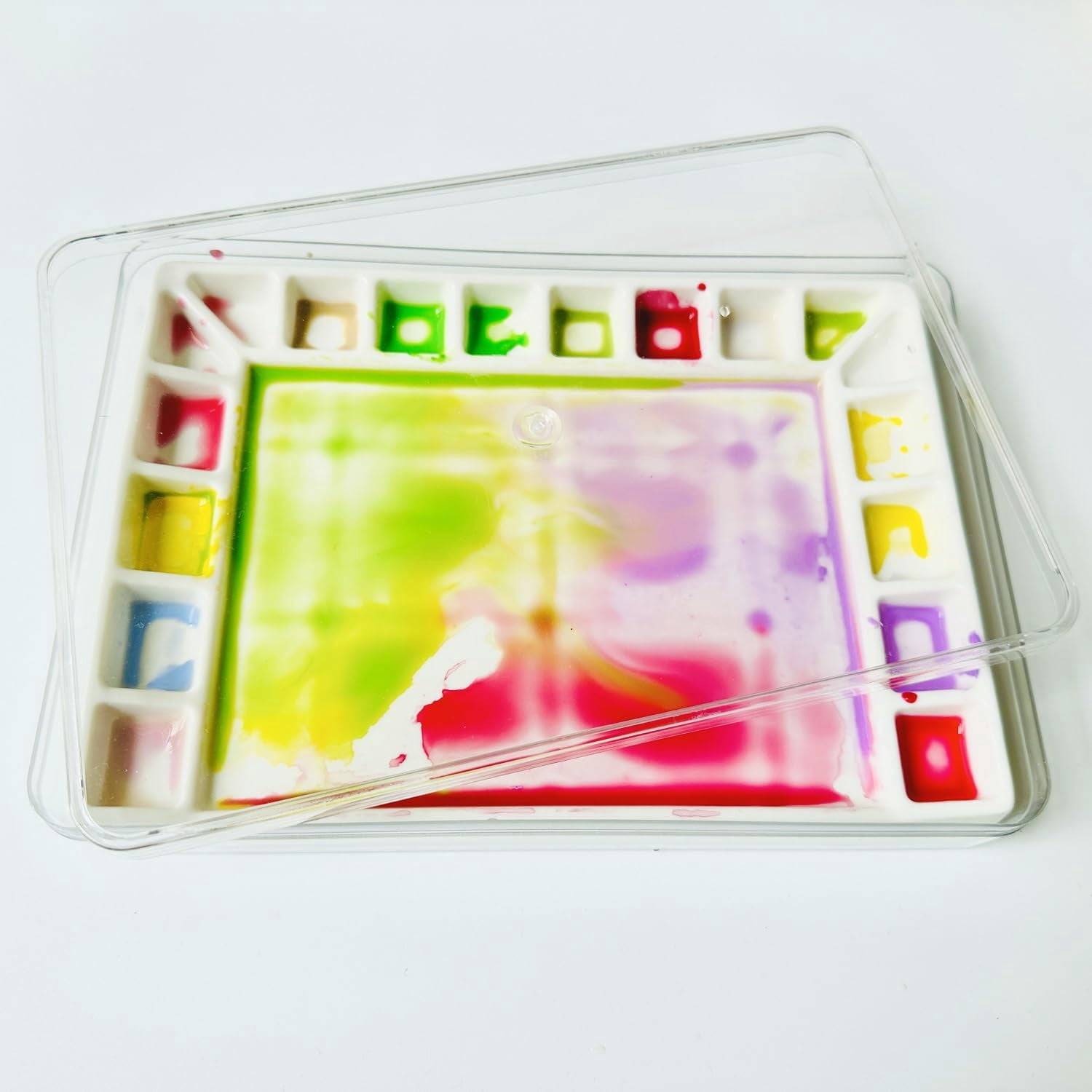Ceramic Watercolor 18well Rectangle Artist Professional Paint for Acrylic,Gouache Painting Ceramic Mixing Tray (Porcelain) (7.8x5.7in(with Box))