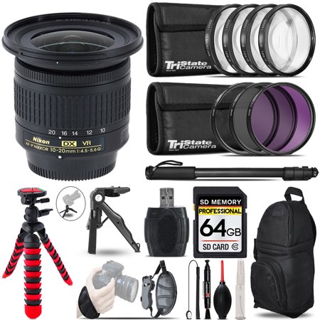 Nikon AF-P DX NIKKOR 10-20mm f/4.5-5.6G VR Lens + MACRO  UV-CPL-FLD Filter + Monopad - 64GB Accessory Kit