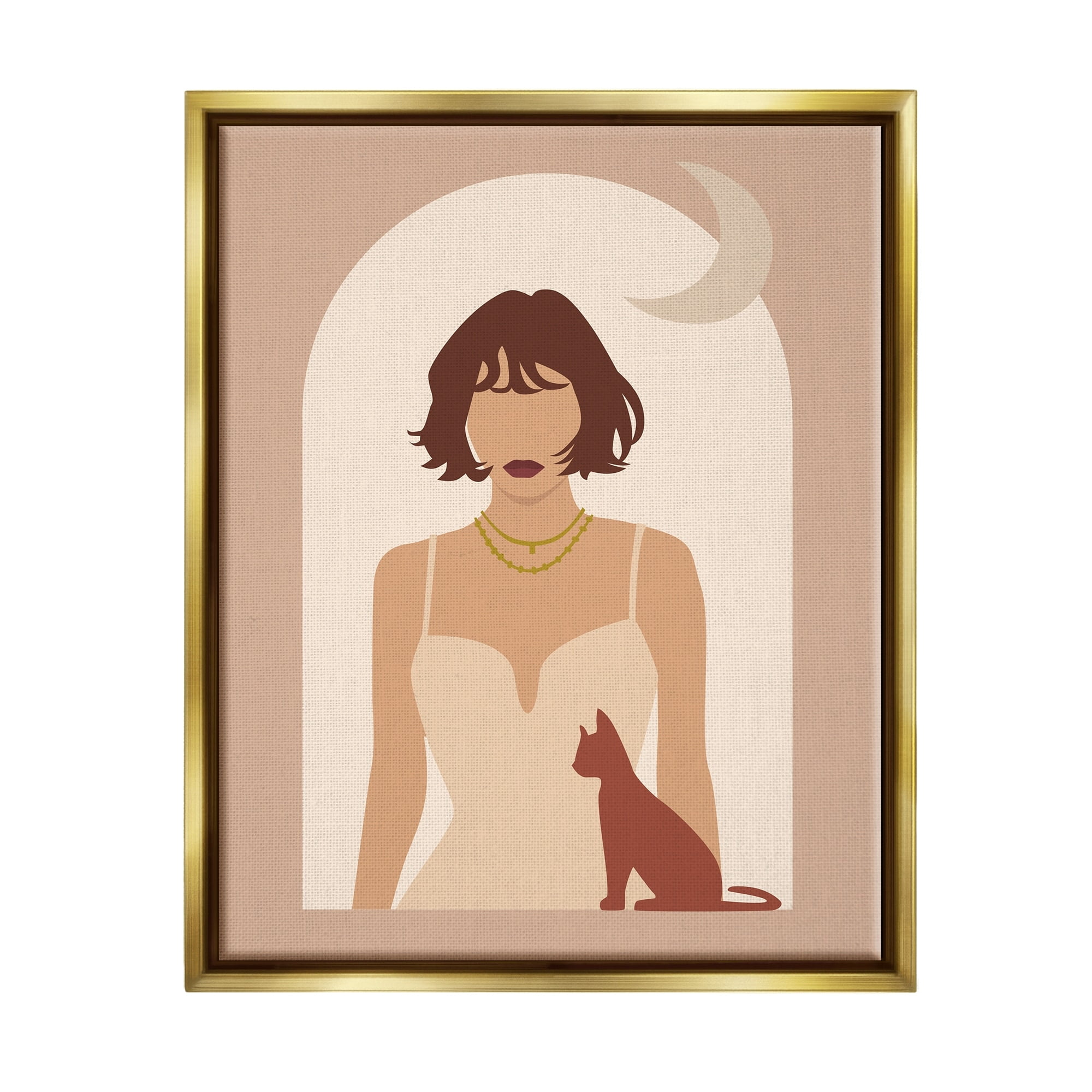 Stupell Industries Woman & Cat Arch Shape Cutout Moon Motif Graphic Art Metallic Gold Floating Framed Canvas Print Wall Art, Design by Birch&Ink