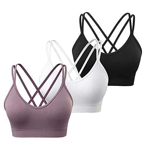 VEQKING Women's Cross Back Sports Bra Padded Strappy Medium Support Yoga Bra for Workout Fitness 3 Pack 
