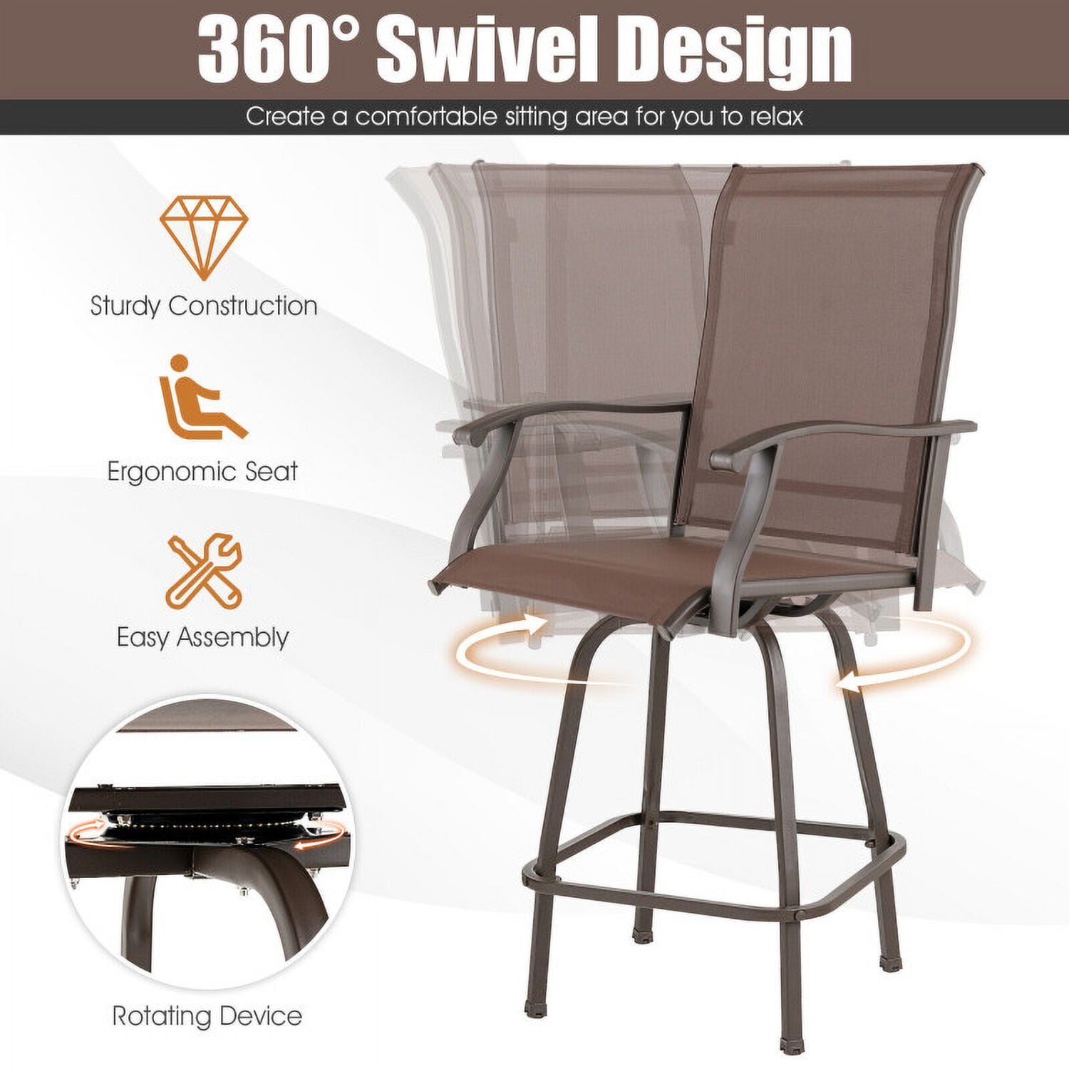 Aimee Lii 2 Pieces Patio 360 Rotation Swivel Bar Stool Set, Outdoor Patio Furniture, Brown