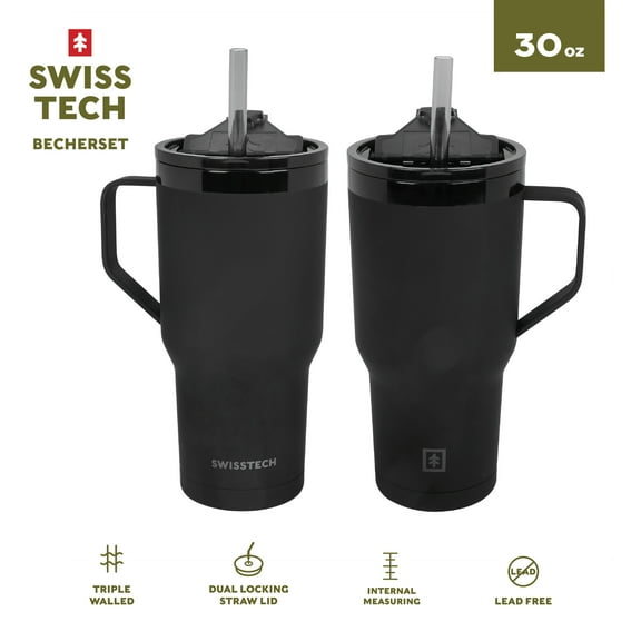 Swiss Tech 30oz black triple wall stainless steel tumbler 2-pack with handle & leakproof lid