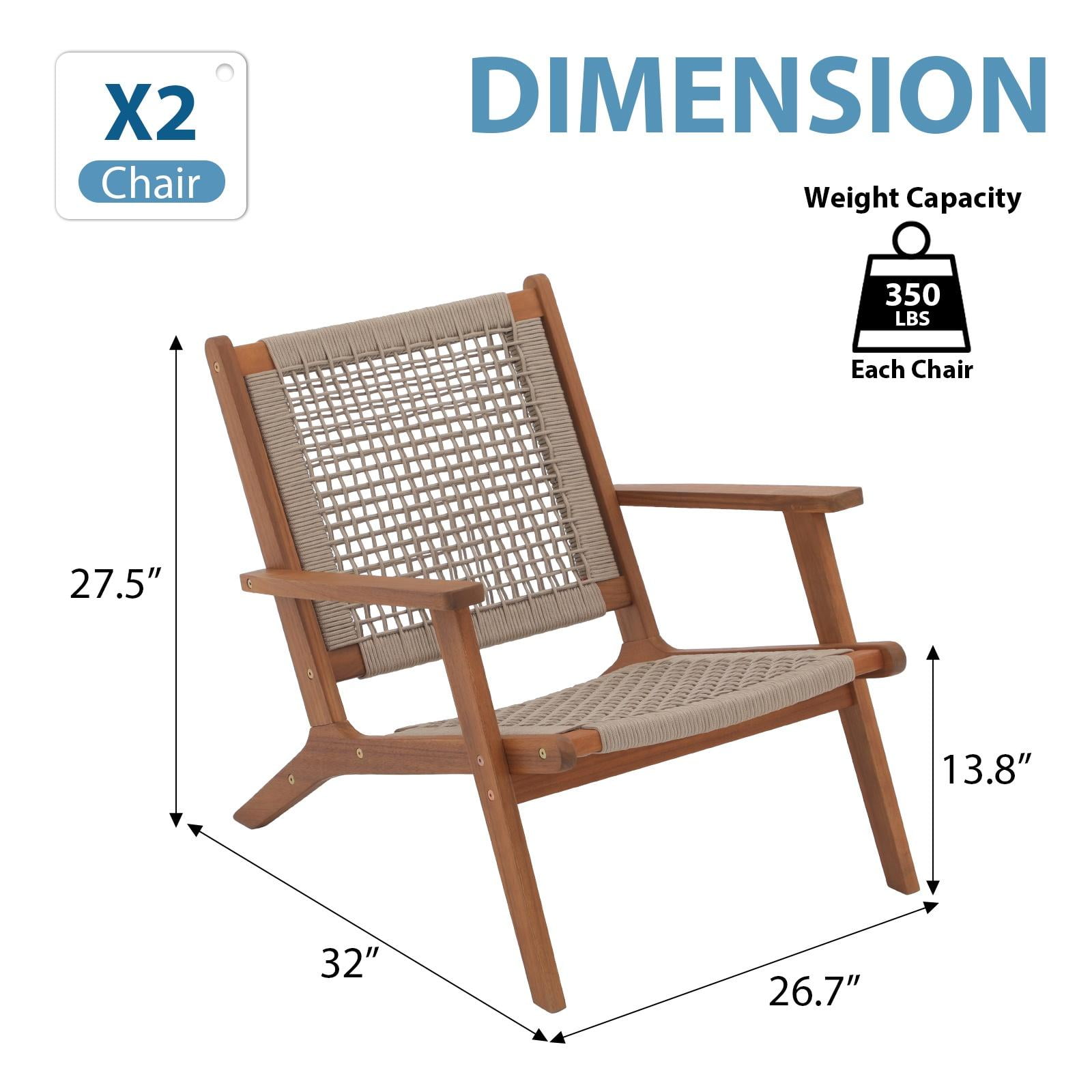 Acacia Wood Rope Weave Outdoor Dining Chairs, Set Of 2 – Modern High-Back Patio Armchairs For Garden, Deck, Porch Or Indoor Use, Dark Grey