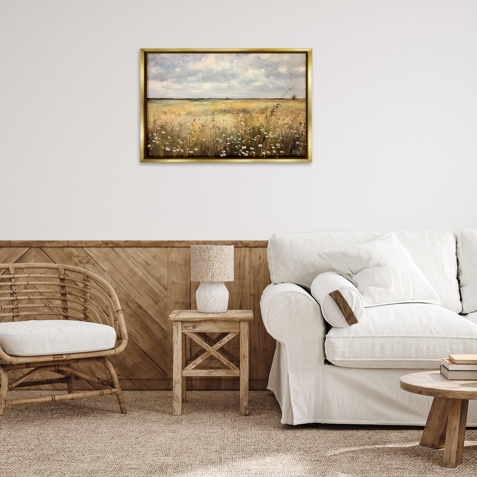 Stupell Industries Traditional County Field Landscape Painting Gold Floater Framed Art Print Wall Art, 31 x 21