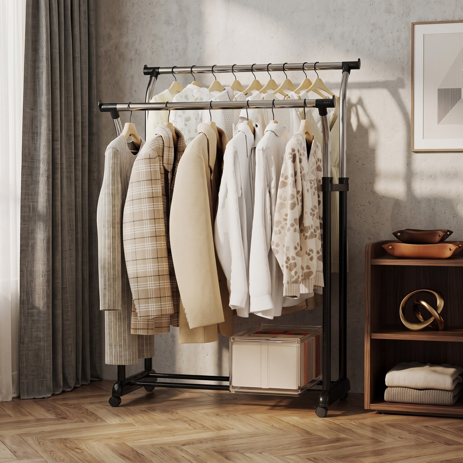 Furnibear Rolling Double Rod Garment Rack with Adjustable Height and Locking Casters for Bedroom and Closet, Black and Silver