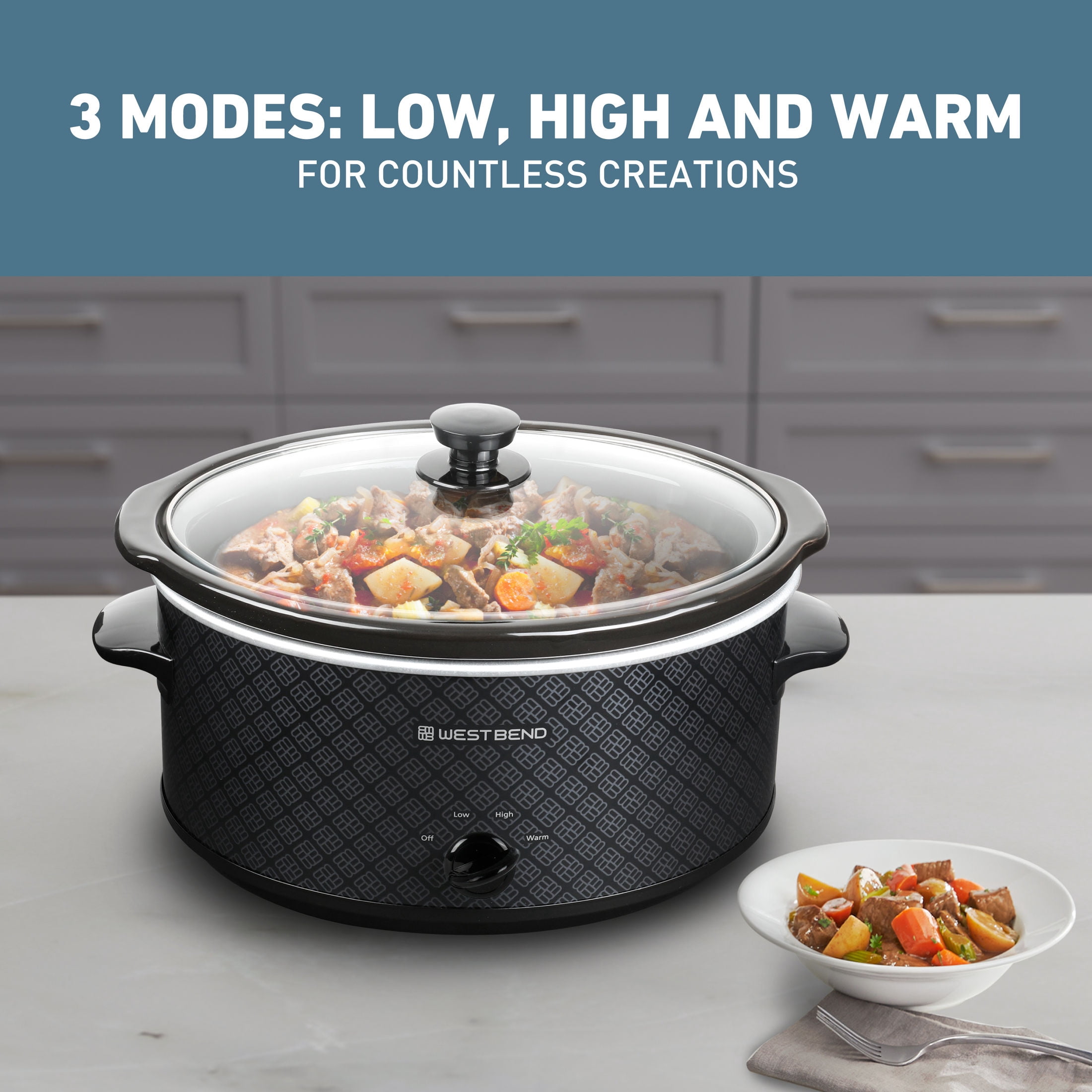 West Bend 6-Quart Pattern Slow Cooker, Manual Controls, Ceramic Crock, Dishwasher-Safe, in Black (SCWB6QPTBK13)