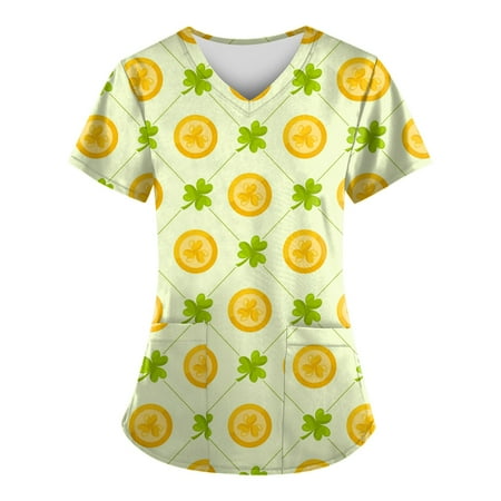 

Apepal Women Fashion St. Parklett s Day Print V-neck Short Sleeve with Pockets Scrub Tops