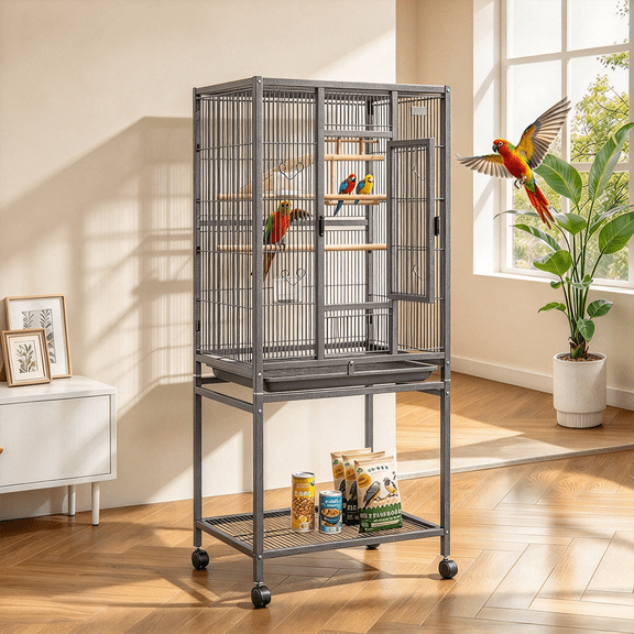 Frmobepts 54" Large Bird Cage with Rolling Stand Parrot Cage Pet House Wrought Iron Birdcage, Black