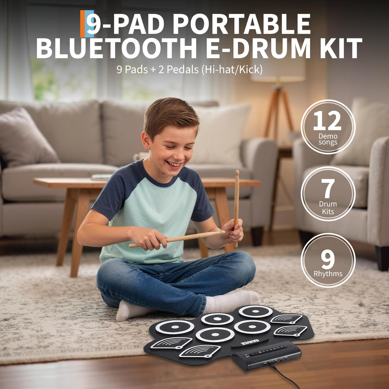 Wireless Electronic Drum Set, 9-Pad Portable Roll-Up Kit - Includes Kick Pedal & Drum Sticks, with Built-in Speaker, LED Lights, Recording for Kids & Beginners