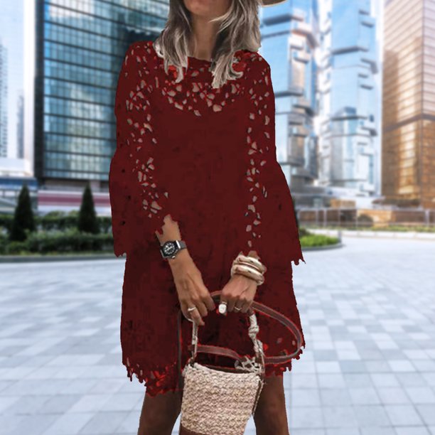 Vestido De Las Señoras Vestido floral de encaje para mujer Vestido elegante de verano simple para vacaciones (Rojo vino XL) Cgtredaw Para estrenar