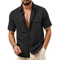 thumbnail image 2 of Mens Linen Button Down Shirt Short Sleeve Dual Chest Pocket Relaxed Fit Collared Open Front Casual Beach Overshirt, 2 of 8