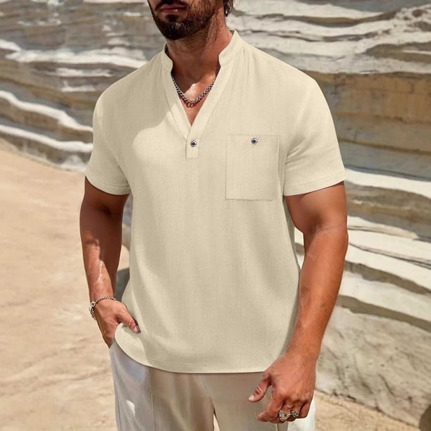 Ceisia Men's Relaxed Fit Short Sleeve Henley Tee with Chest Pocket Casual Summer Top Beige XXL Gifts