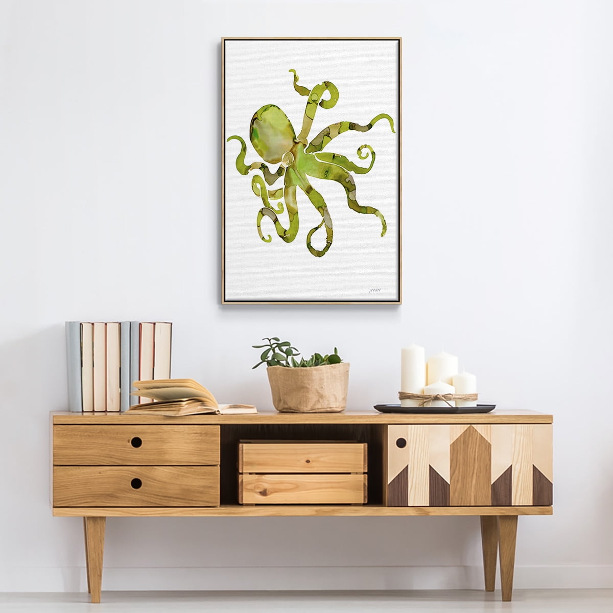 Octopus Framed Premium Gallery Wrapped Canvas - Ready to Hang - 27 x 41 - Natural Wood Floating Frame