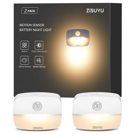 ZISUYU 2-Pack Battery Powered Motion Detectors LED Night Lights for Adults & Kids(Warm-3000K)