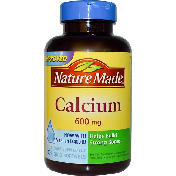 Nature Made, Calcium avec Vitamine D 400 IU, 600 mg, 100 Gélules Liquides en Boîte de 2