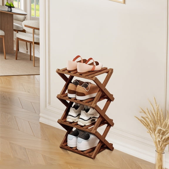 SHIBAILI 4-Tier Bamboo Folding Shoe Rack - No Assembly, Space-Saving(Tawny)