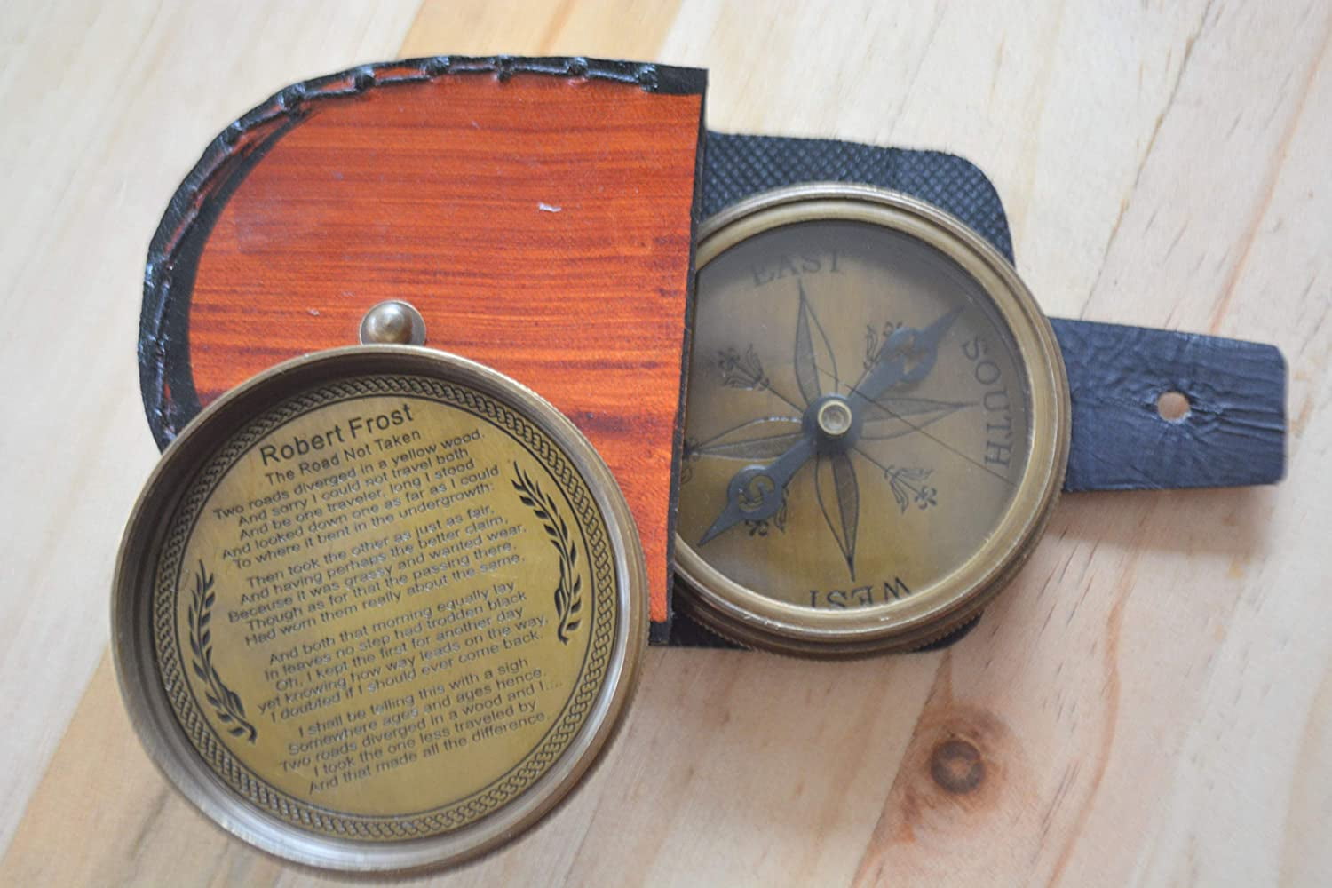 Nautical India Robert Frost 2.5" Poem Compass with Handmade Brown Leather Case