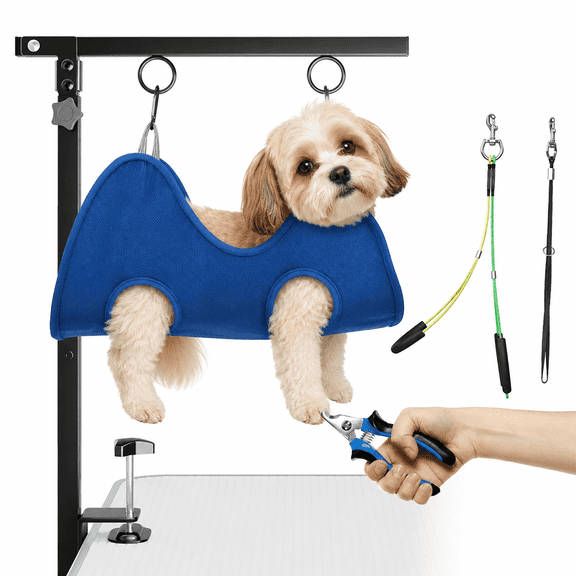 Foldable Dog Grooming Arm with Clamp: Adjustable Height 26"-40", Dog Grooming Table Arm with Hammock and No-Sit Holder, Grooming Restraint for Small Medium Dogs at Home or Salon