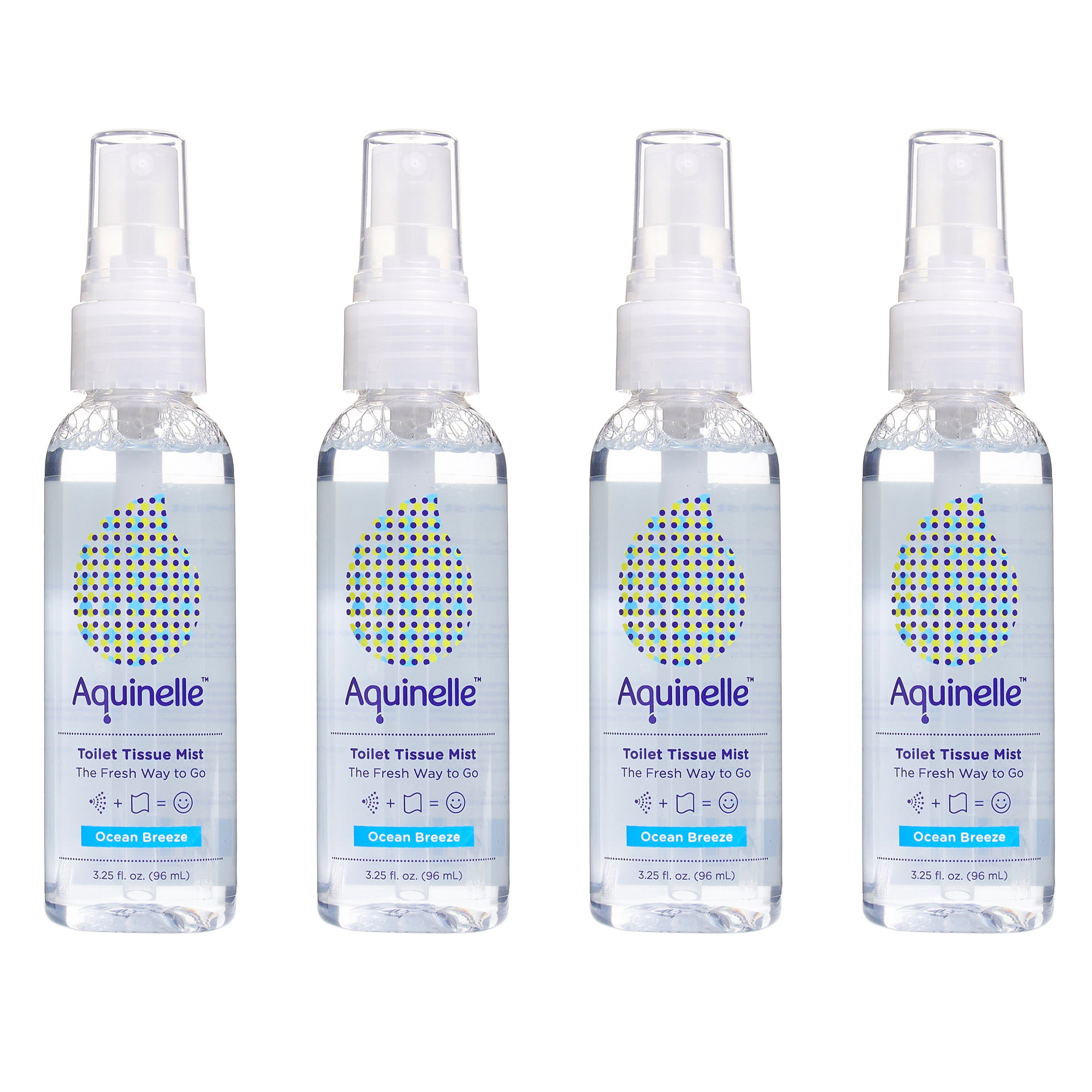 Aquinelle Toilet Tissue Mist Value Pack of 4 Convenient 3.25oz Bottles Non-Clogging Alternative to Flushable Wipes Simply Spray On ANY Folded Toilet Paper