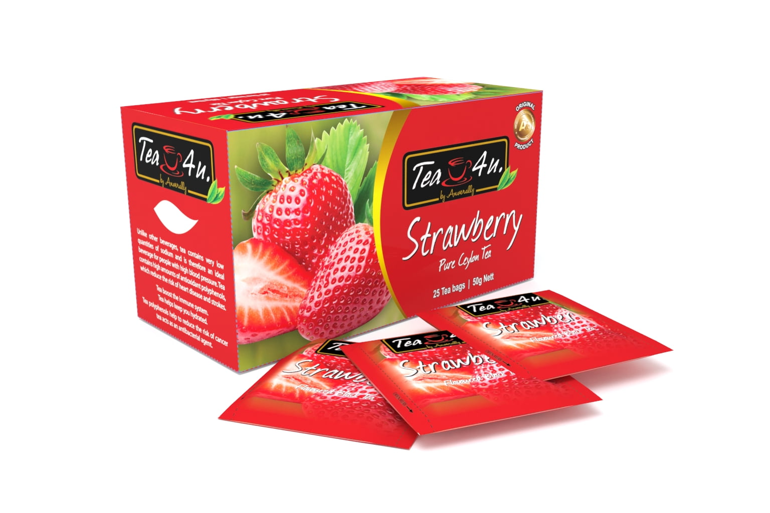 Tea4U Strawberry Black tea, Ceylon tea, box of 25 teabags