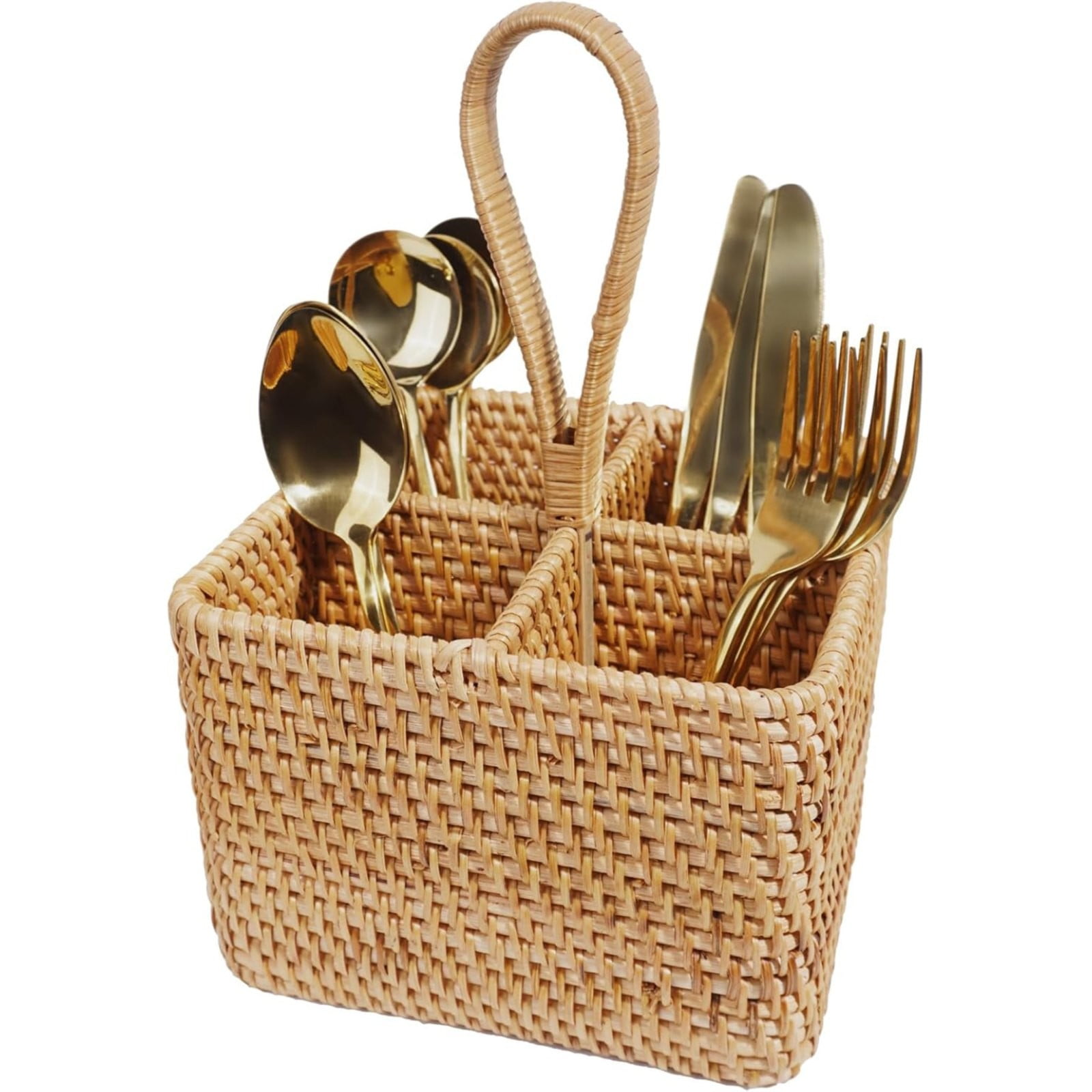 Utensil Holder for Party, Utensil Caddy Wicker Plate Holder with Handle, Sturdy Silverware Holder Ratton Divided Basket, Countertop Caddy Picnic Cutlery Holder, Pantry Organizers And Storage, 1 Pack