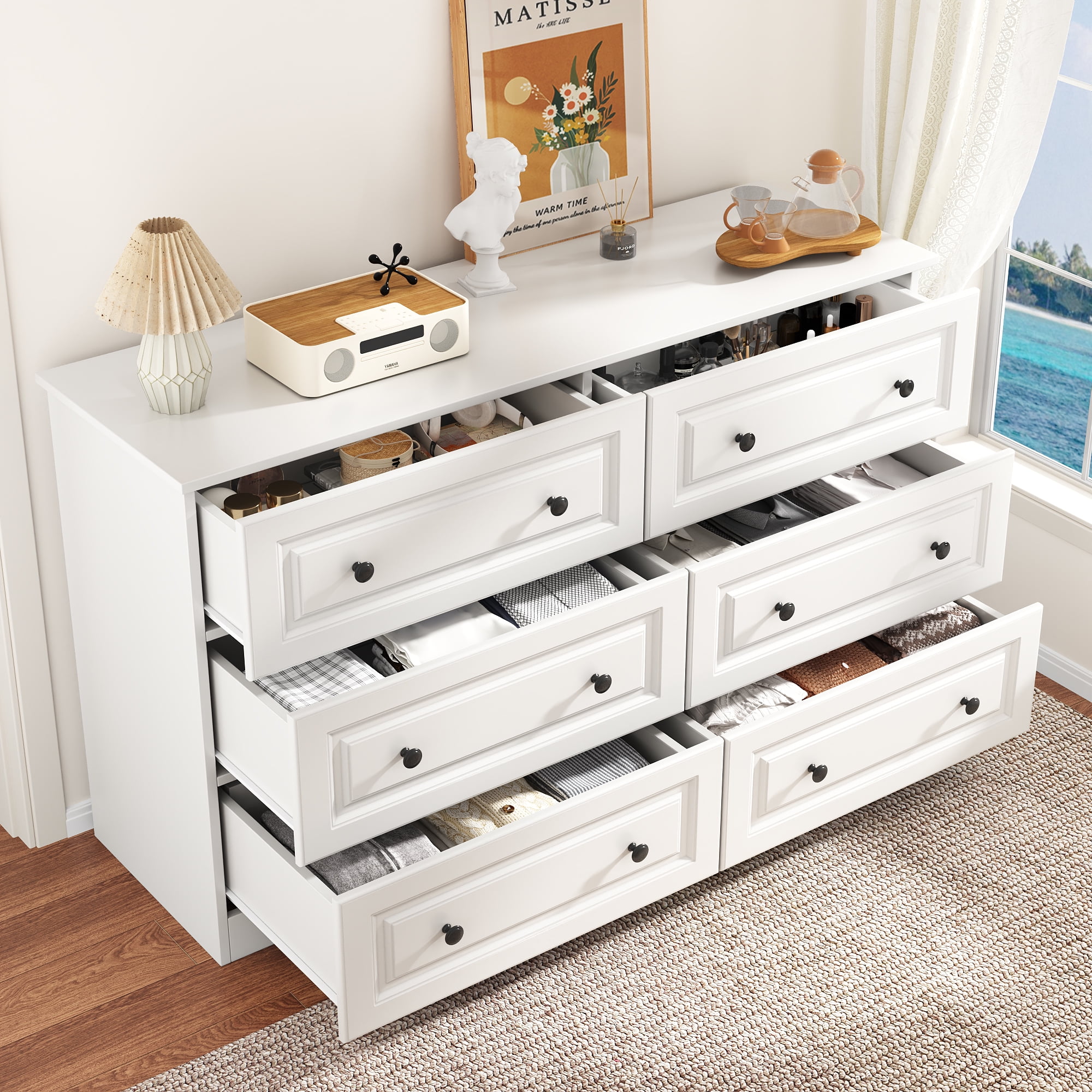 NEGYLIM 6-Drawer White Dresser, 47-inch Wide Chest for Bedroom Storage, Farmhouse Style with Anti-Tip Safety