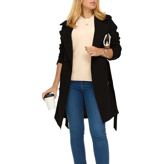 Women's Casual and Stylish Solid Color Loose Double-Breasted Long Trench Coat, Lapel Collar with Lining for Elegant Fall and Winter Outerwear,Black,L