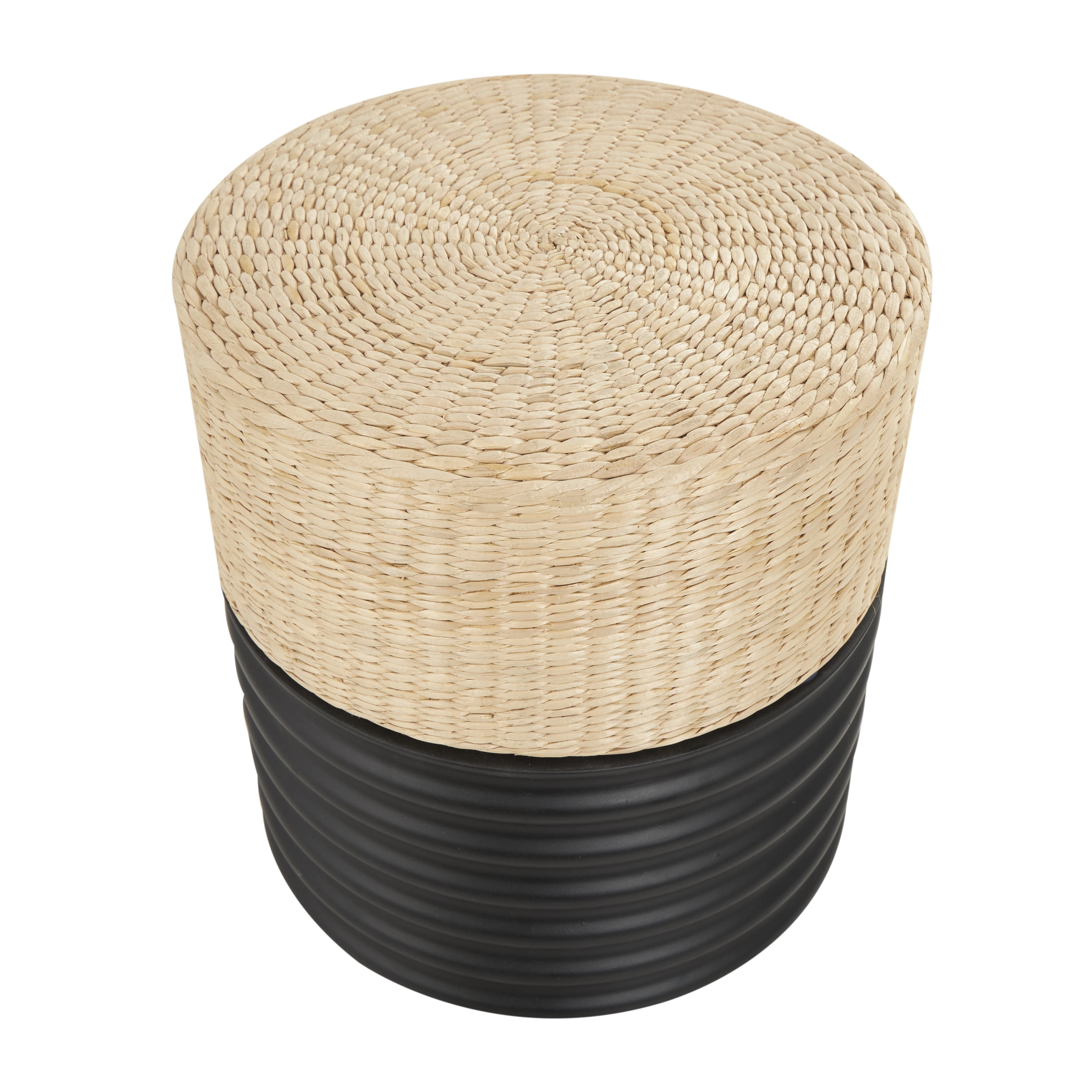 DecMode Wooden Geometric Handmade Woven Two-Toned Stool with Seagrass Top, Black