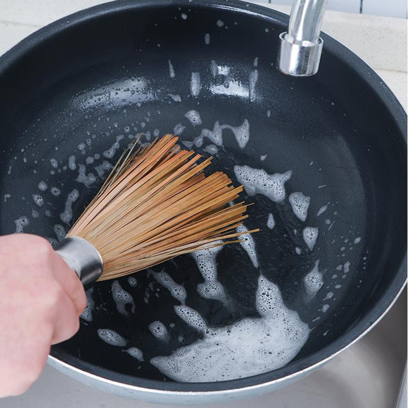 CMrtew 4Pcs Bamboo Pot Brush,Traditional Natural Bamboo Wok Brush,Wok Cleaning Whisk Kitchen Cook Shop Wok Pan Pot Cleaning Whisk Brush with Comfort Grip Handle