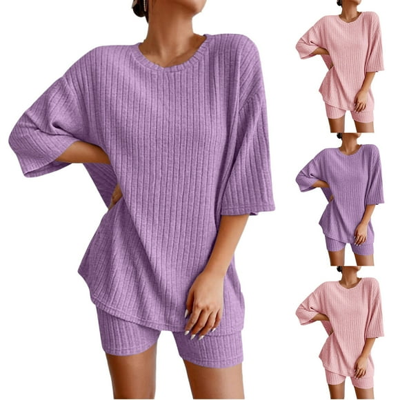 Sentmoon Plus Size Two Piece Sets for Women Short Sleeve Crew Neck Festival Outfits for Women High Waist Women's Pants Loose Solid Color T-Shirts for Music Festival S