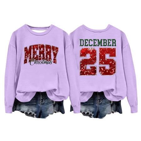 FYEGRE Womens Oversized Crewneck Sweatshirt Pullover Long Sleeve Tops with Christmas Graphic Print Holiday Casual Fashion Purple XXL