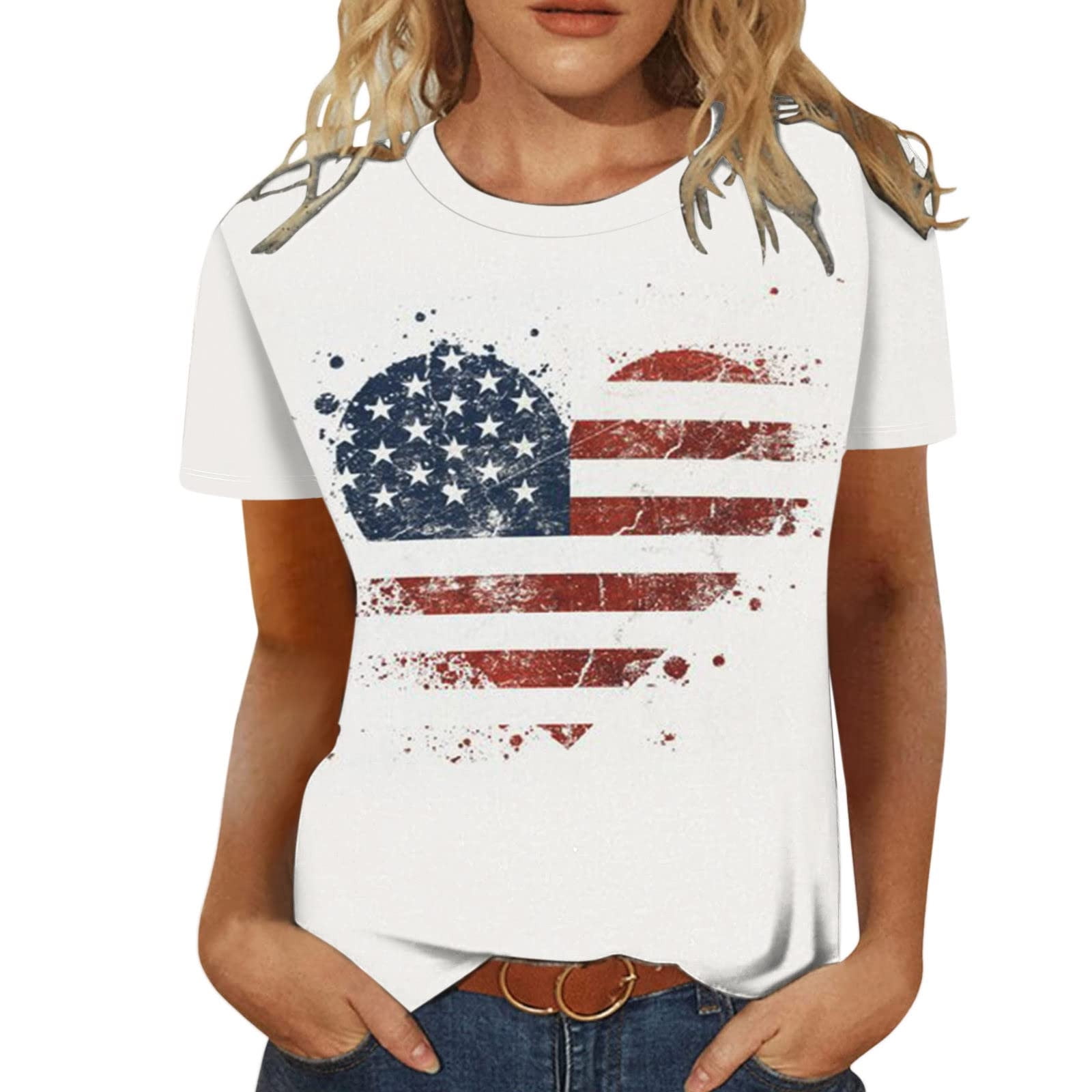 REVETRO Womens USA Short Sleeve Shirts American Flag Shirt Distressed Graphic Tee Letter Print Summer Tops 