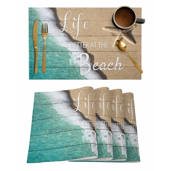 Life Is Better at The Beach Placemats Set of 6 Starfish Beach Ocean Vacation Heat Insulation Washable Place Mats, Rustic Non-Slip Table Mats for Dining Table Party Kitchen Decor,13x19 Inch